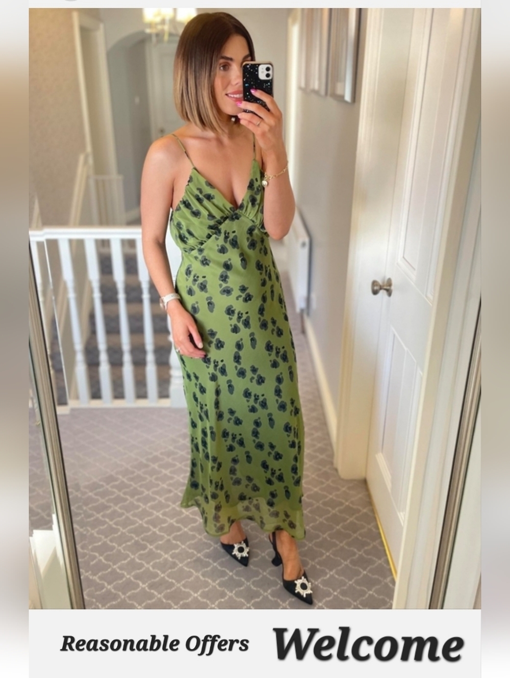 Pony Olive Slip Maxi Dress with Black Floral Spots. NWT Size Large